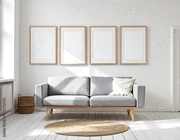 Fototapeta Fame mockup. Scandinavian living room with gray sofa four blank picture frames and round jute rug