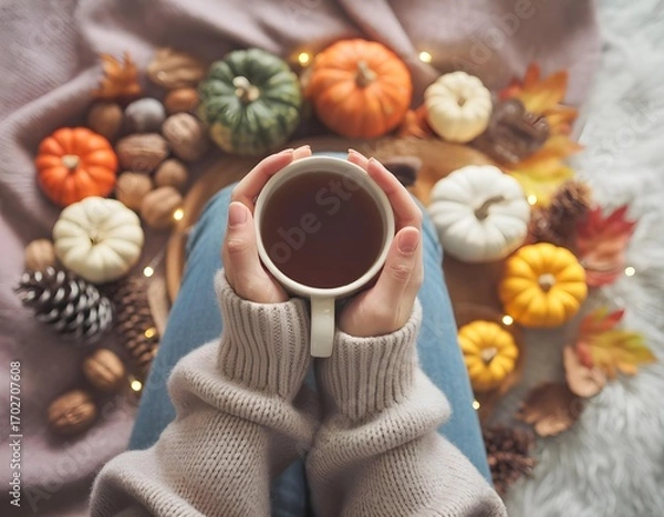 Obraz 스웨터를 입고 따뜻한 차를 손에 들고 있는 모습, 아늑한 가을 모습