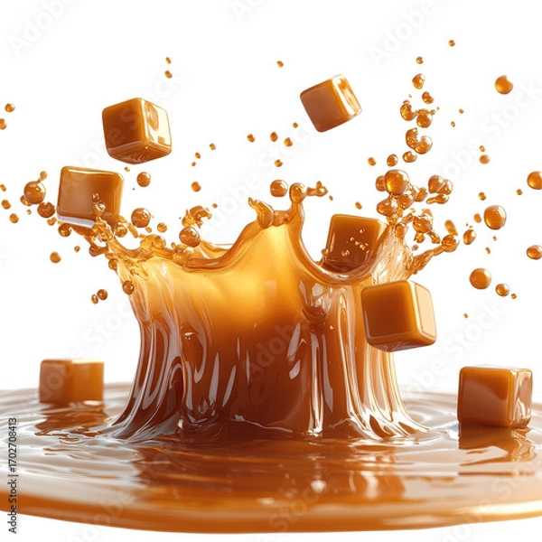 Obraz Splash of caramel with cubes isolated on transparent background