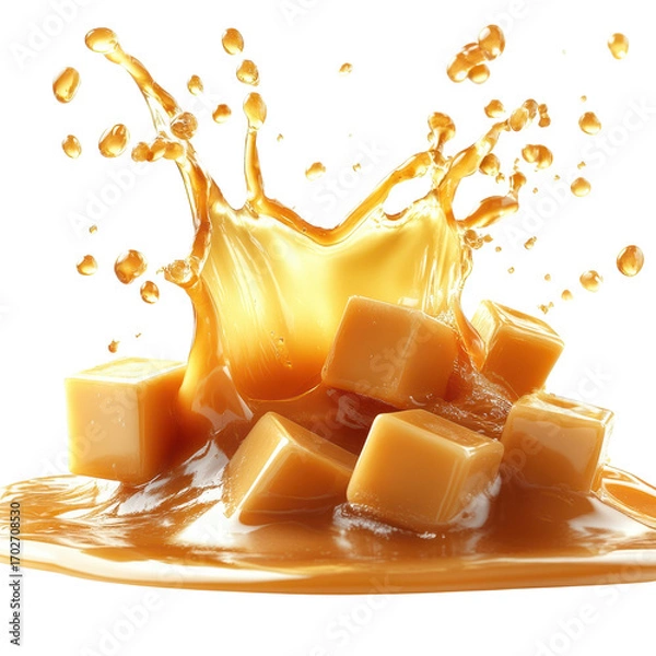Obraz Splash of caramel with cubes isolated on transparent background