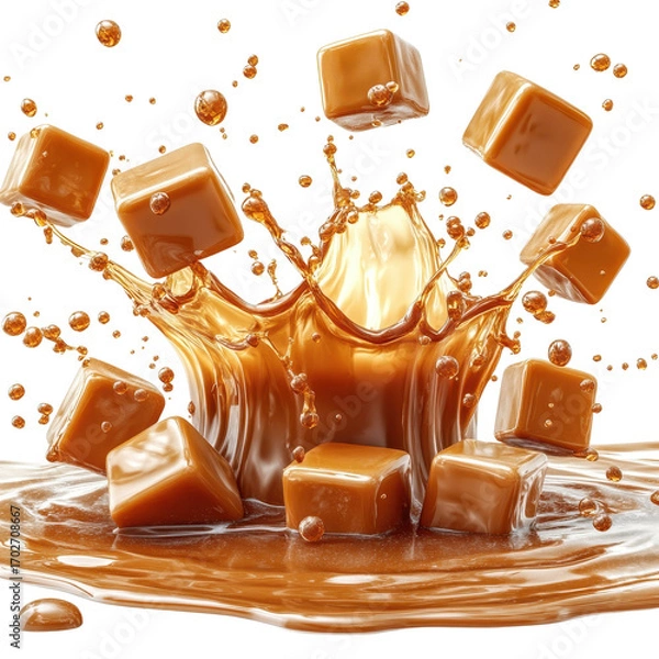 Obraz Splash of caramel with cubes isolated on transparent background