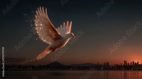 Obraz A radiant dove flying over a city at dawn, leaving a trail of sparkling light