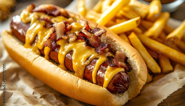 Fototapeta Hot dog piled high with melted cheese, grilled bacon, onions, and chili relish. Served in a toasted bun with a side of large fried