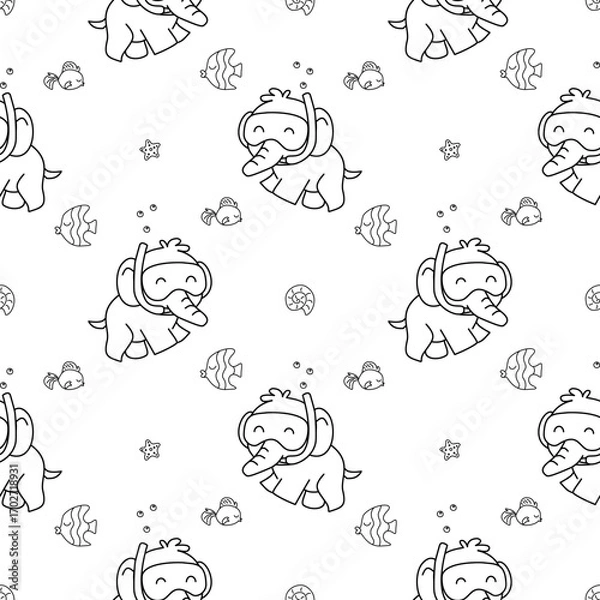Fototapeta Cute seamless pattern with cartoon elephants snorkeling underwater, surrounded by tropical fish, shells, and starfish. Perfect for kids’ designs.