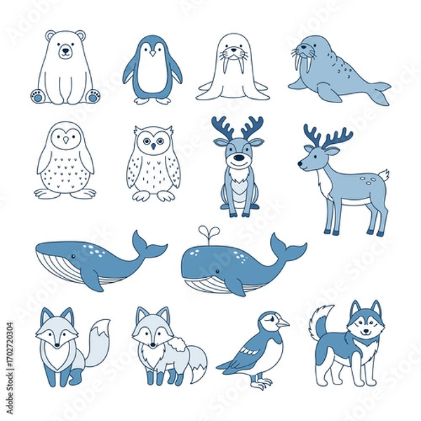 Fototapeta Set of  arctic animal icons in hand drawn blue and white doodle style. Vector illustration with polar bear, penguin, seal, walrus, snowy owl, reindeer, whale, arctic fox, puffin,
