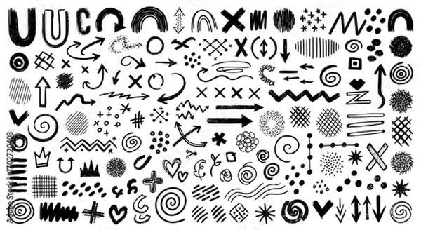 Fototapeta 手描き落書きデザイン要素コレクション｜矢印・線・波線・抽象形状などのクリエイティブ素材