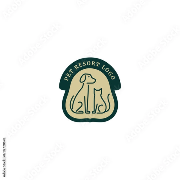 Fototapeta Pet Resort Logo Design with Dog and Cat Line Art in Badge Style