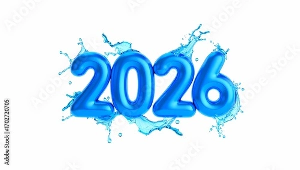 Obraz An abstract 2026 symbol made of blue inflatable-style numbers with a transparent water effect, a 4K visual isolated on a plain white background.