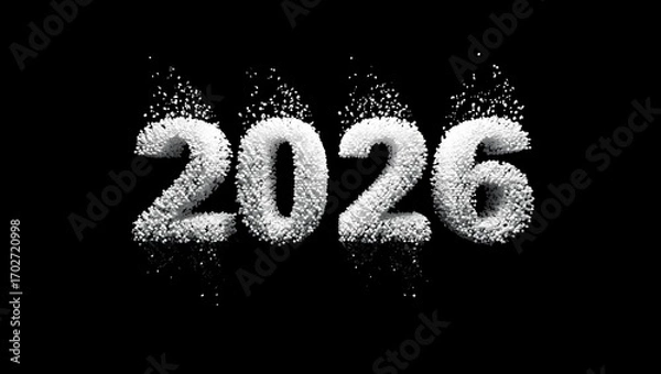 Obraz A Happy New Year 2026 concept with the numbers made of white particles dissolving, a 4K ultra detailed image isolated on a black background.