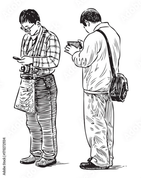 Fototapeta Two casual young men looking at smartphone, standing outdoors, tourists, realistic sketches, vector hand drawings isolated on white background