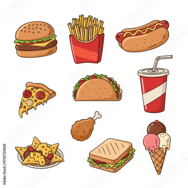 Fototapeta Set of  fast food icons in hand drawn doodle style. Vector illustration with burger, fries, hot dog, pizza slice, taco, soda cup, fried chicken, nachos, sandwich, ice cream cone