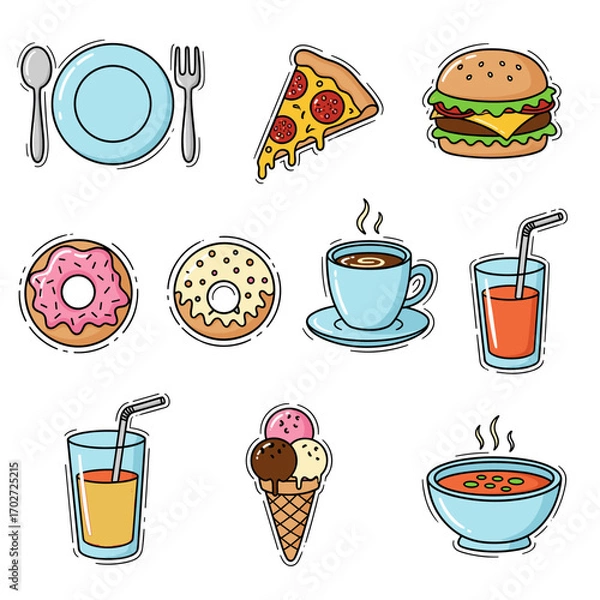 Fototapeta Set of  food and drink icons in hand drawn doodle style. Vector illustration with plate, spoon, fork, pizza slice, burger, donut, cup of coffee, glass of juice, ice cream, bowl of soup