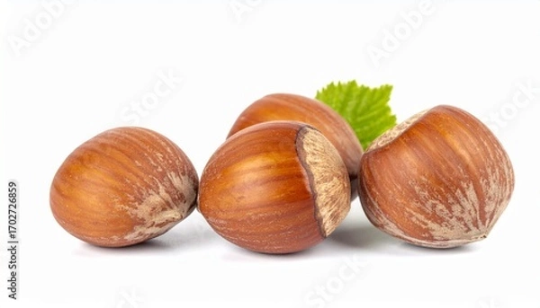Fototapeta Hazelnuts on Isolated White Background – Round Brown Nuts with Matte Finish and Botanical Composition