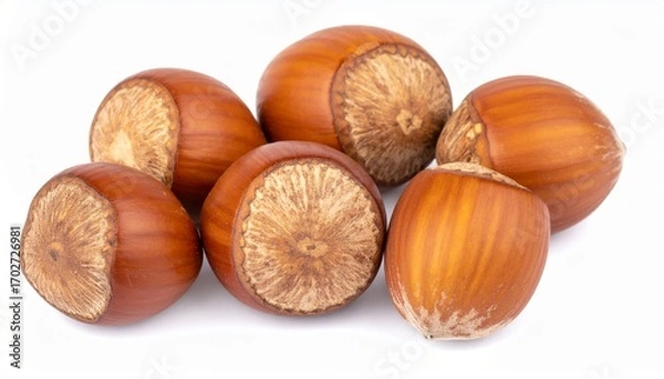 Fototapeta Hazelnuts on Isolated White Background – Round Brown Nuts with Matte Finish and Botanical Composition