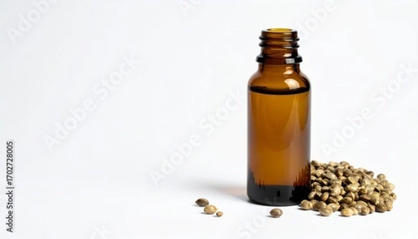 Fototapeta Hemp Seed Oil in Amber Bottle on Isolated White Background – Nutty Aroma with Omega-3 Rich Composition and Organic Feel