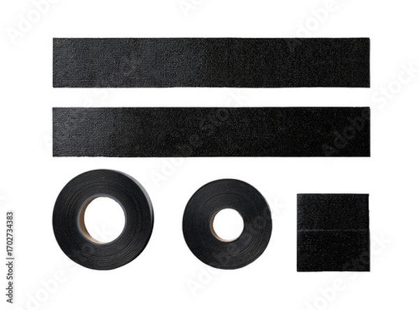 Fototapeta Close-up view of various black adhesive tapes and strips, arranged in a grid pattern.  Flat, rectangular and rolled forms
