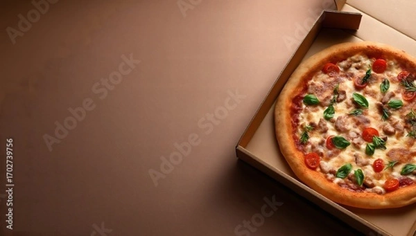 Obraz Pizza in open cardboard box on brown background top view banner with copy space for food delivery design