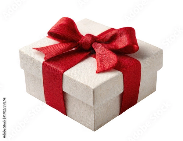 Fototapeta A square, off-white gift box with a bright red ribbon and bow