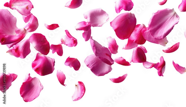 Obraz Pink rose petals, scattered in flight, against a black background