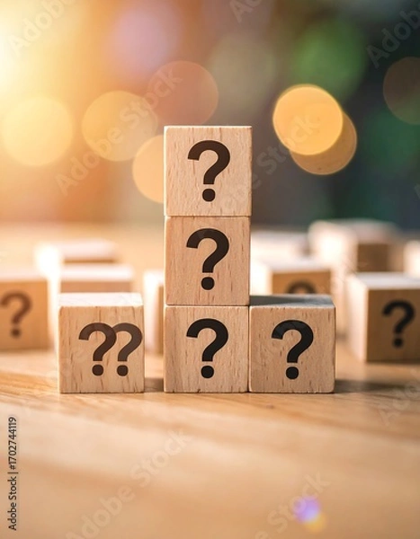 Obraz Wooden blocks stacked with question marks