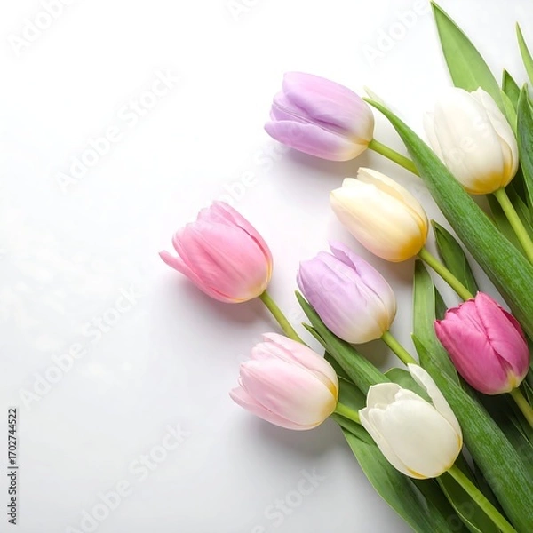 Obraz Pastel tulips arranged on white background