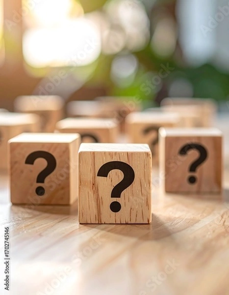 Obraz Wooden blocks with question marks on a table