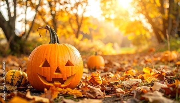 Fototapeta A carved orange gourd with a friendly face sits amongst fallen leaves in a sun-drenched autumnal setting, path visible