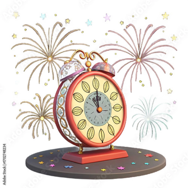 Fototapeta Vintage alarm clock on a pedestal with fireworks exploding in the background isolated on transparent background