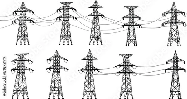 Fototapeta Steel lattice transmission towers, power line pylons, electrical infrastructure, interconnected towers, high voltage transmission, black and white drawing, electrical grid lines