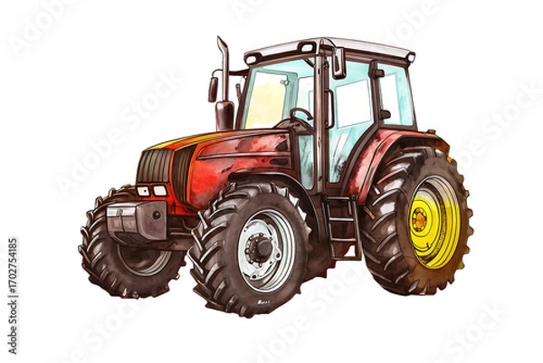 Fototapeta Red farm tractor with detailed tires and cab on background agriculture vehicle isolated on a transparent background