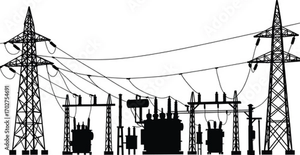 Fototapeta Power substation silhouette, electrical transformers, transmission towers, high voltage lines, electrical infrastructure, power grid, utility poles, overhead wires, electricity distribution