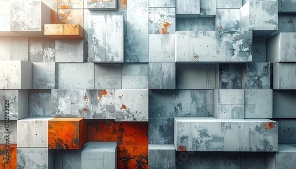 Fototapeta Abstract background featuring a geometric composition of 3D cubes with a weathered concrete texture and orange rust accents