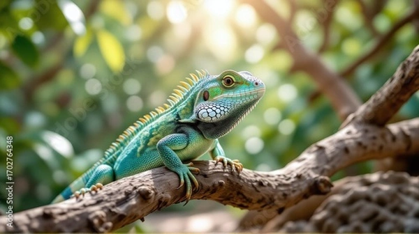 Fototapeta Vibrant green iguana perched on a tree branch in a sunny environment.