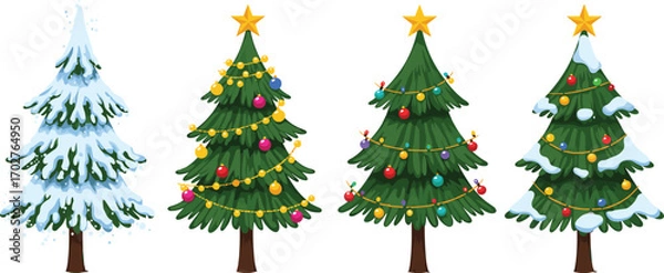 Fototapeta Four winter Christmas trees, each with unique decoration or snow, featuring ornaments, stars, lights, and festive winter themes