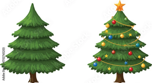Fototapeta Two green Christmas trees, one plain pine tree and one decorated with colorful baubles, stars, garlands, and a star topper