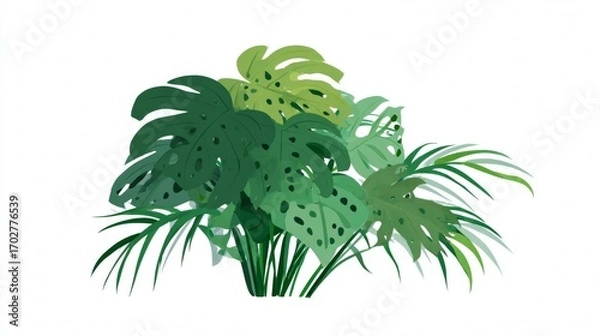Fototapeta A lush green illustration of tropical plants including monstera and palm fronds isolated on a white background.