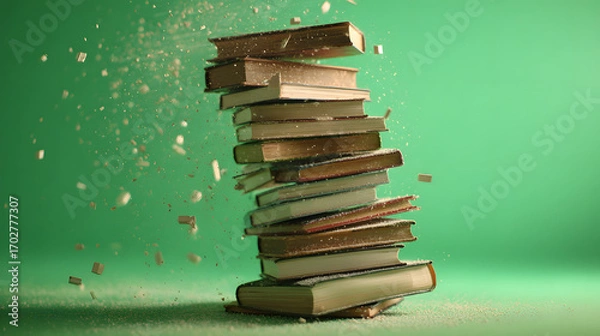 Fototapeta Stack of books falling over with pages flying off against a green background.