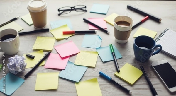 Obraz Busy Creative Workspace Cluttered with Colorful Sticky Notes, Coffee Cups, Pens, and a Smartphone on a Wooden Desk for Brainstorming and Productivity