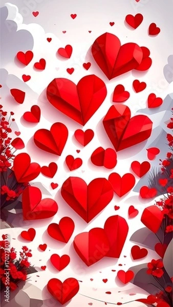 Obraz Red paper hearts falling, soft landscape