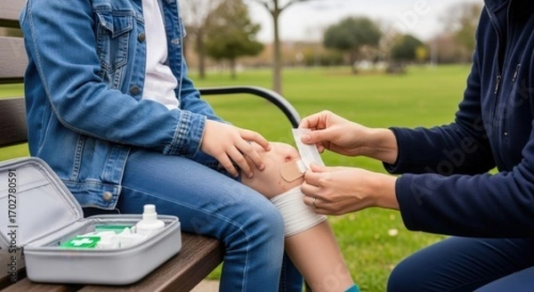 Obraz Caring adult applies first aid bandage to child's scraped knee on a park bench, demonstrating injury care and outdoor safety with a medical kit.