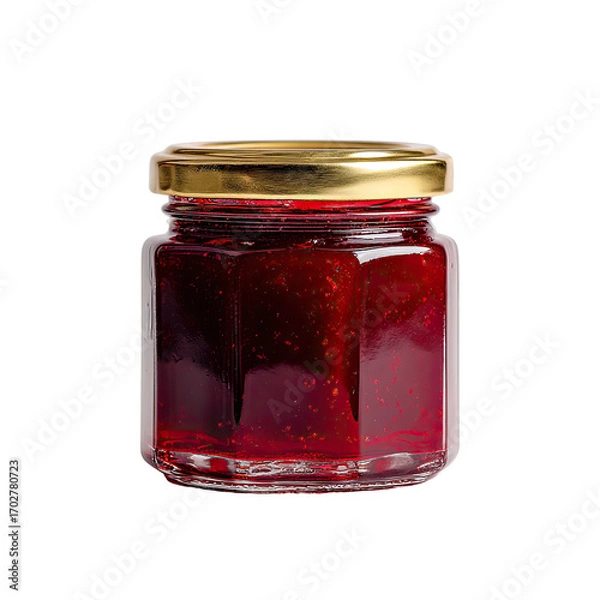 Fototapeta Small glass jar filled with a deep red jam or preserves.  A gold-colored metal lid sits atop the jar.  Isolated against a black background