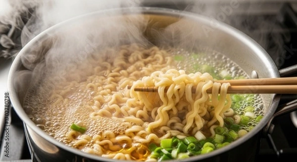 Obraz Hot Instant Ramen Noodles Cooking in Boiling Water with Chopsticks and Green Onions, Steam Rising from Stainless Steel Pot