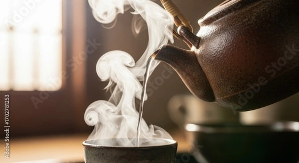 Obraz Steaming hot tea pouring from traditional teapot into rustic ceramic cup, elegant vapor rising. Warm beverage for comfort.
