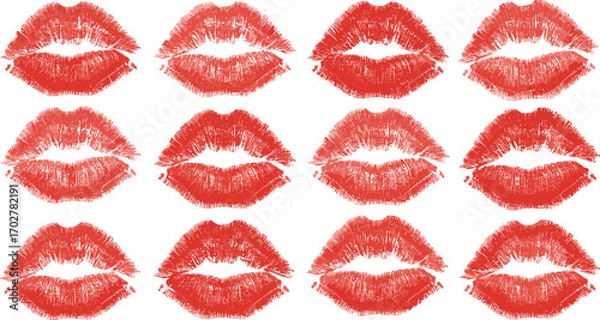 Fototapeta Collection of red lipstick kiss prints arranged in a 3 by 4 grid pattern, symbolizing love and affection