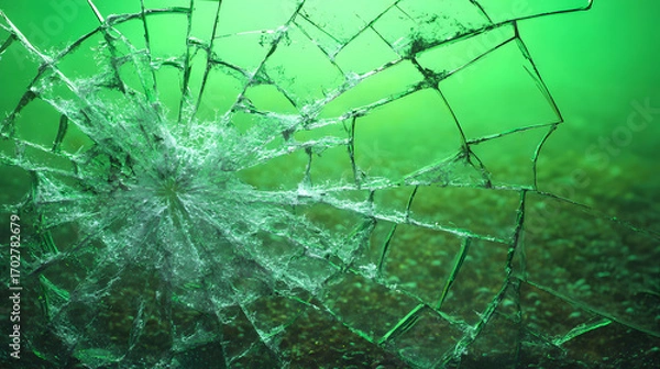 Fototapeta A detailed close-up of shattered glass with cracks radiating from a central impact point against a vibrant green background.