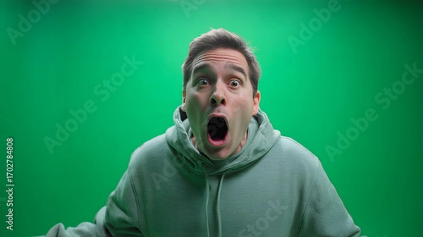 Fototapeta A man with his mouth wide open in shock against a green screen background.