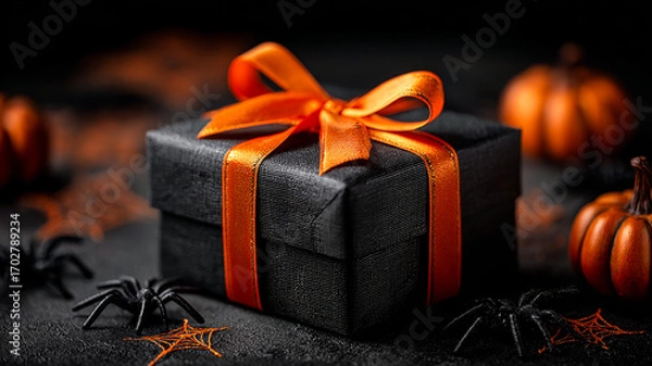 Fototapeta Black box with orange ribbon. A black gift box tied with an orange ribbon is surrounded by pumpkins and decorative spiders on a dark background.