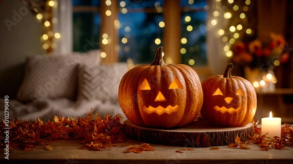 Fototapeta Halloween pumpkins with decor. Two carved pumpkins glow warmly beside a candle, surrounded by autumn leaves and soft string lights in a cozy setting.