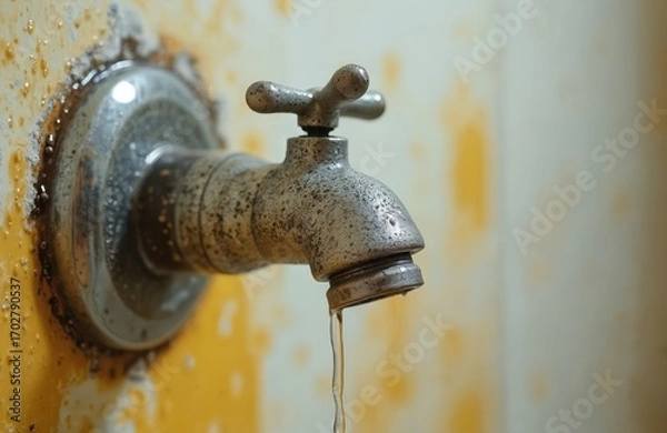 Fototapeta Close-up of old shower faucet with heavy iron staining, limescale buildup. Yellow plaque, water droplets cling to chrome metal. Unhygienic conditions suggest plumbing maintenance needed. Water drips