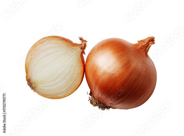 Obraz Two whole and half onions,  close-up,  isolated on black
